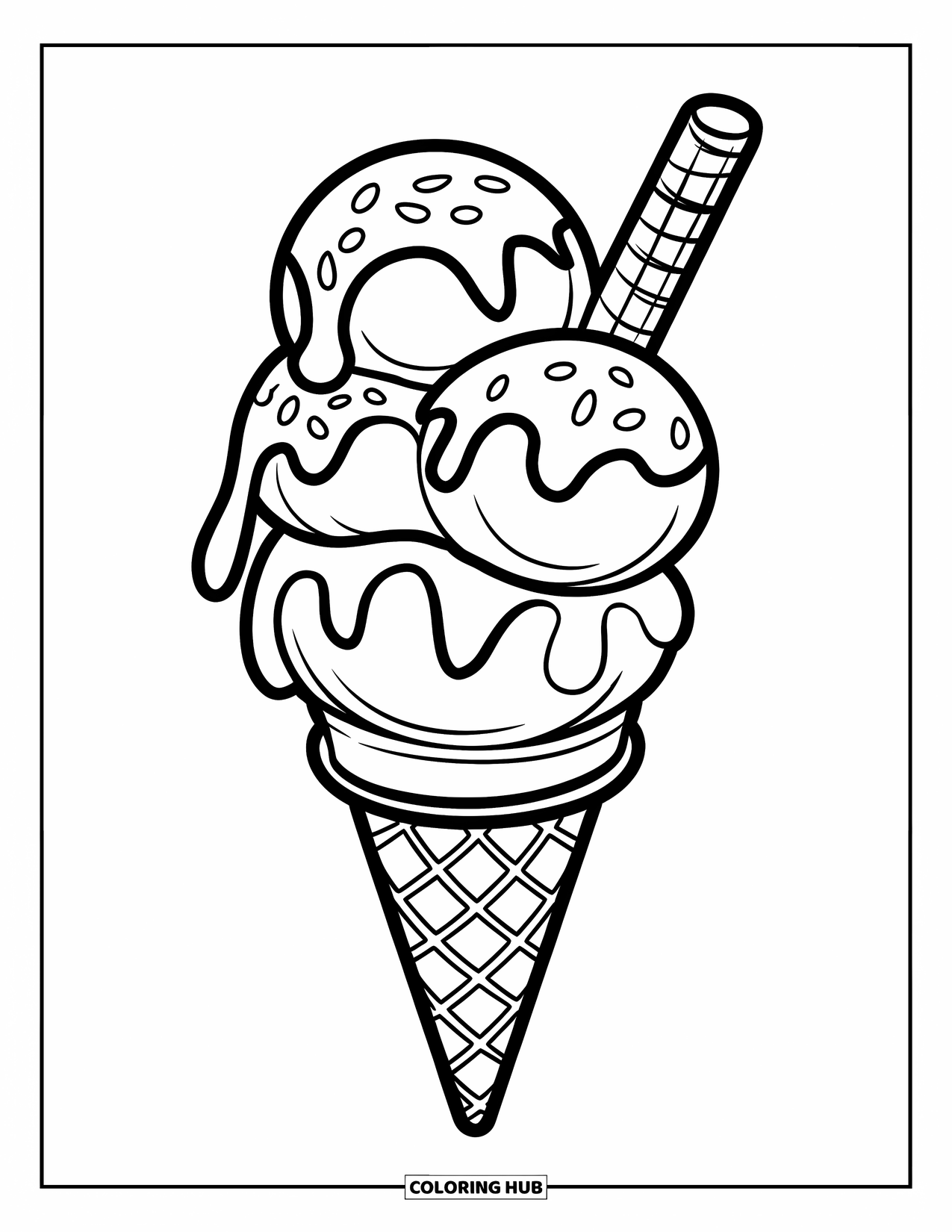 Ice Cream Cone Coloring Page for Kids: A cheerful cone with three scoops, drizzle, and wafer stick smiles brightly