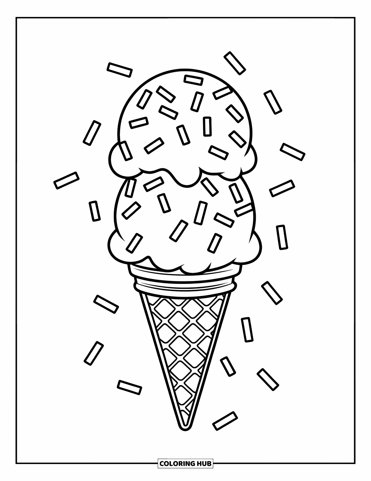 Ice Cream Cone Coloring Page for Kids: A chocolate and vanilla two-scoop cone with sprinkles dripping down