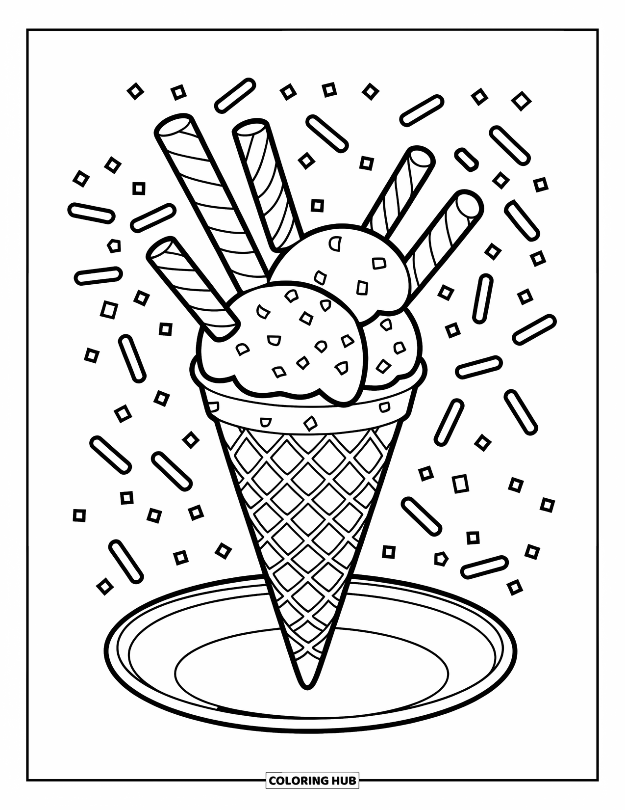 Ice Cream Cone Coloring Page for Kids: A cone on a plate is decorated with candy sticks and scattered sprinkles