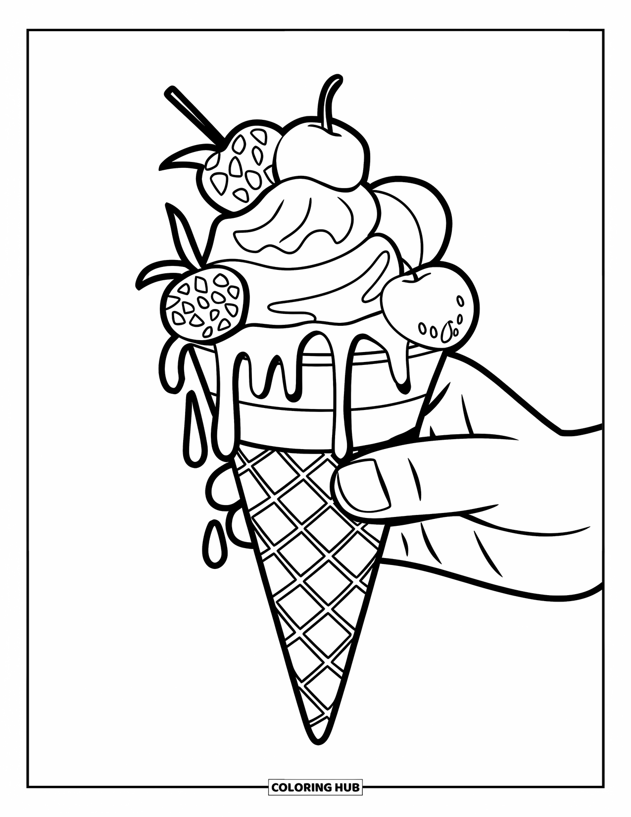 Ice Cream Cone Coloring Page for Kids: A cone topped with fruit and drizzle is lifted in one hand