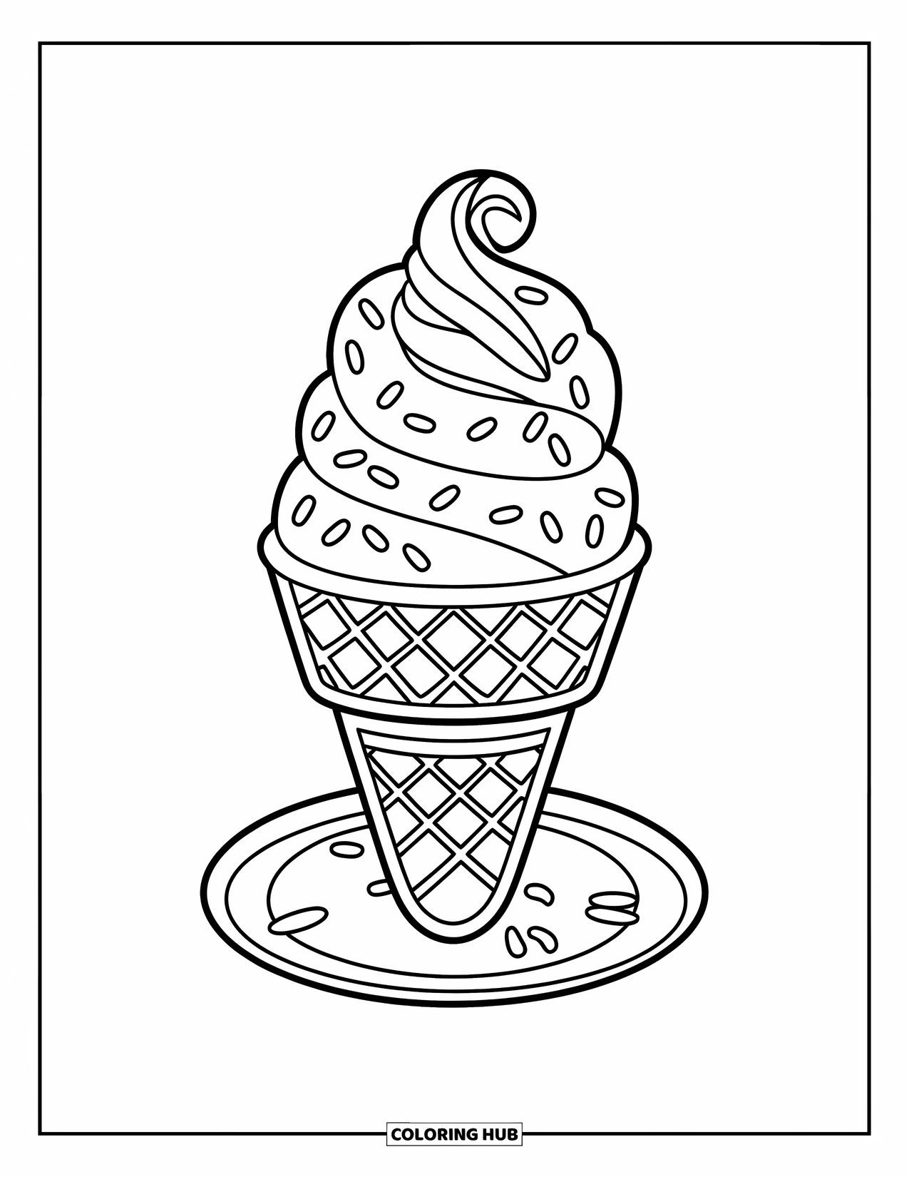 Ice Cream Cone Coloring Page for Kids: A cone with a candy swirl topping and sprinkles sits on a plate
