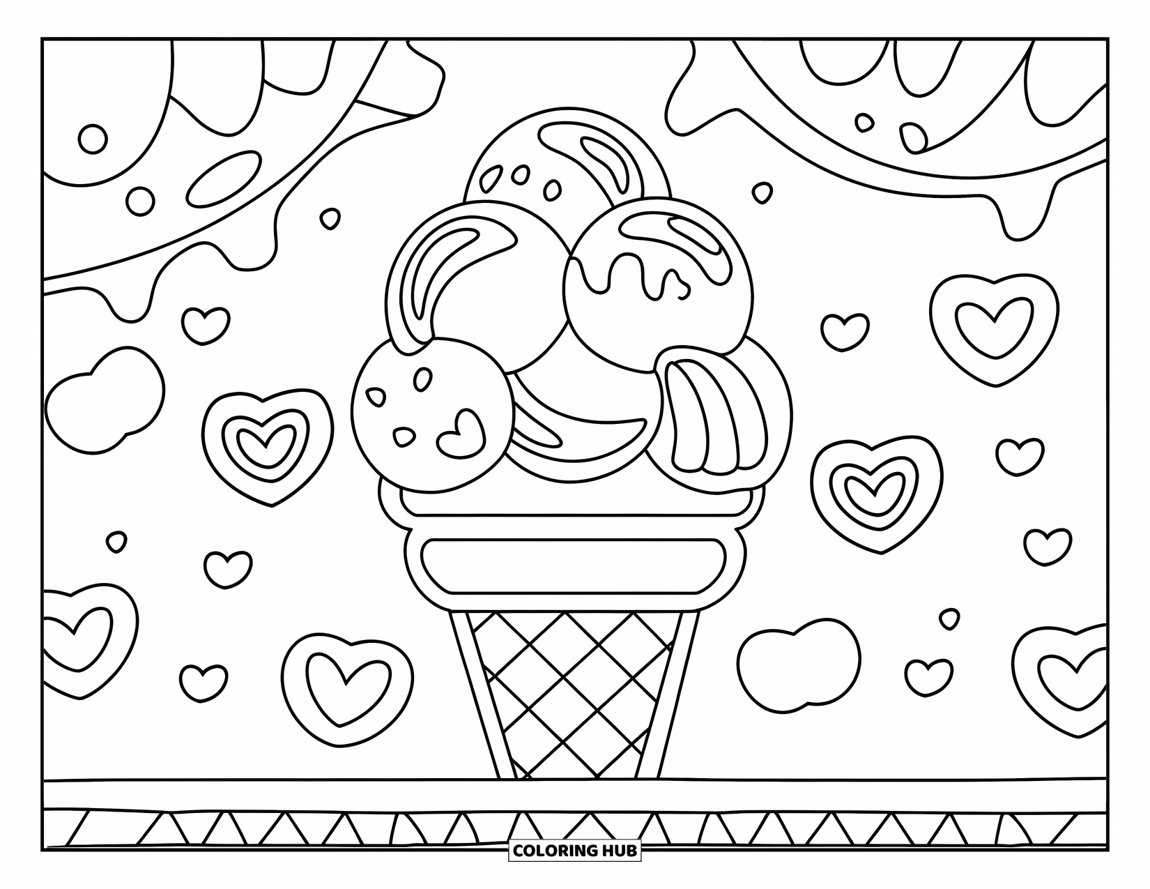 Ice Cream Cone Coloring Page for Kids: A cone with multiple scoops is surrounded by candy hearts on a board
