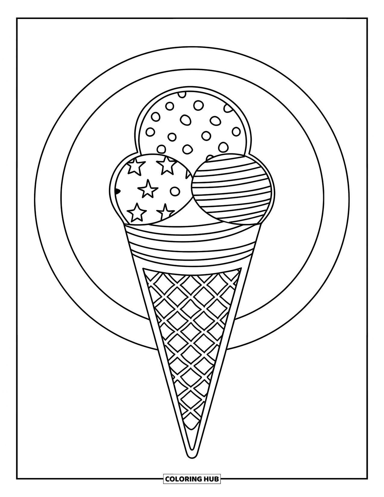 Ice Cream Cone Coloring Page for Kids: A cone with three scoops patterned in dots, stripes, and stars forms a tower