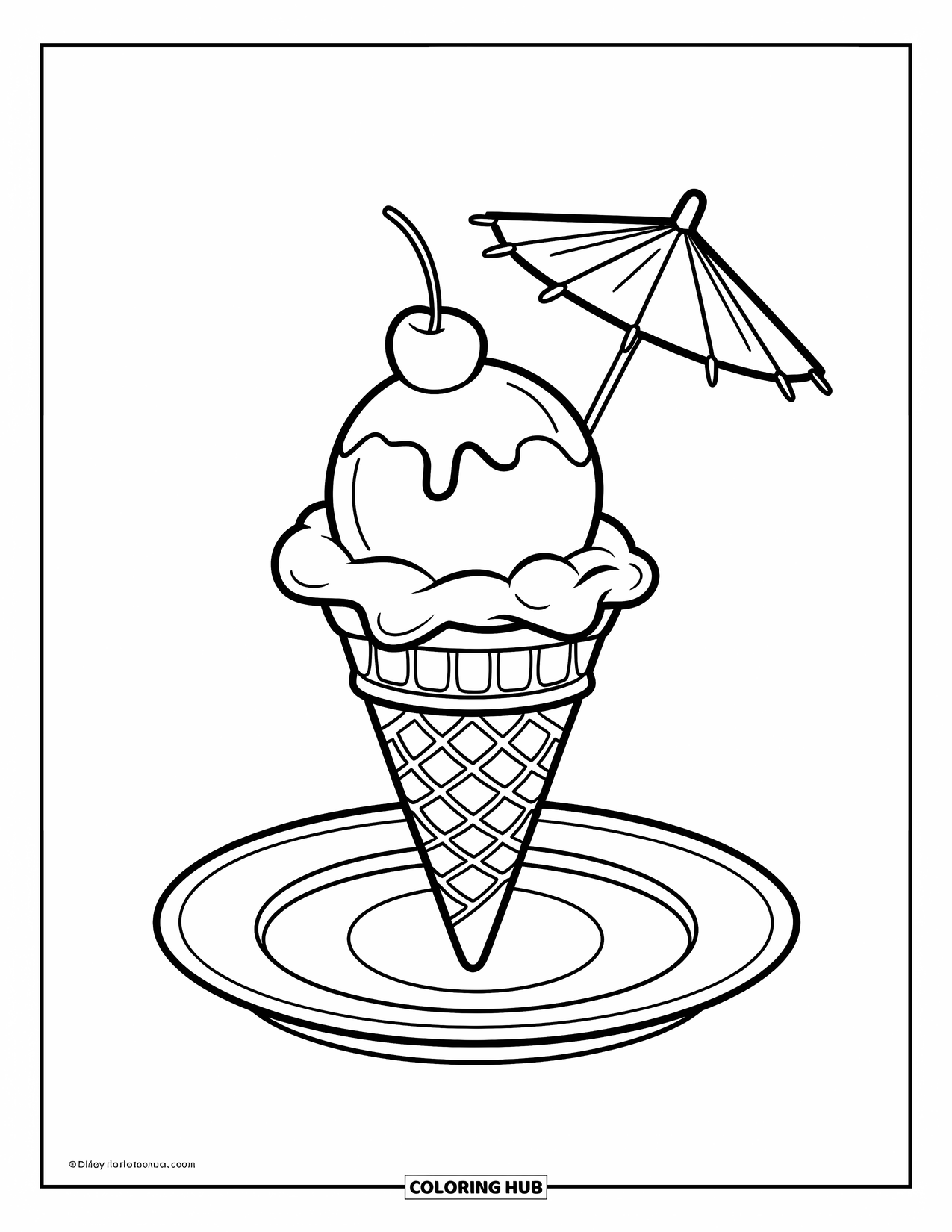 Ice Cream Cone Coloring Page for Kids: A cone with two scoops, a cherry, and an umbrella rests on a plate
