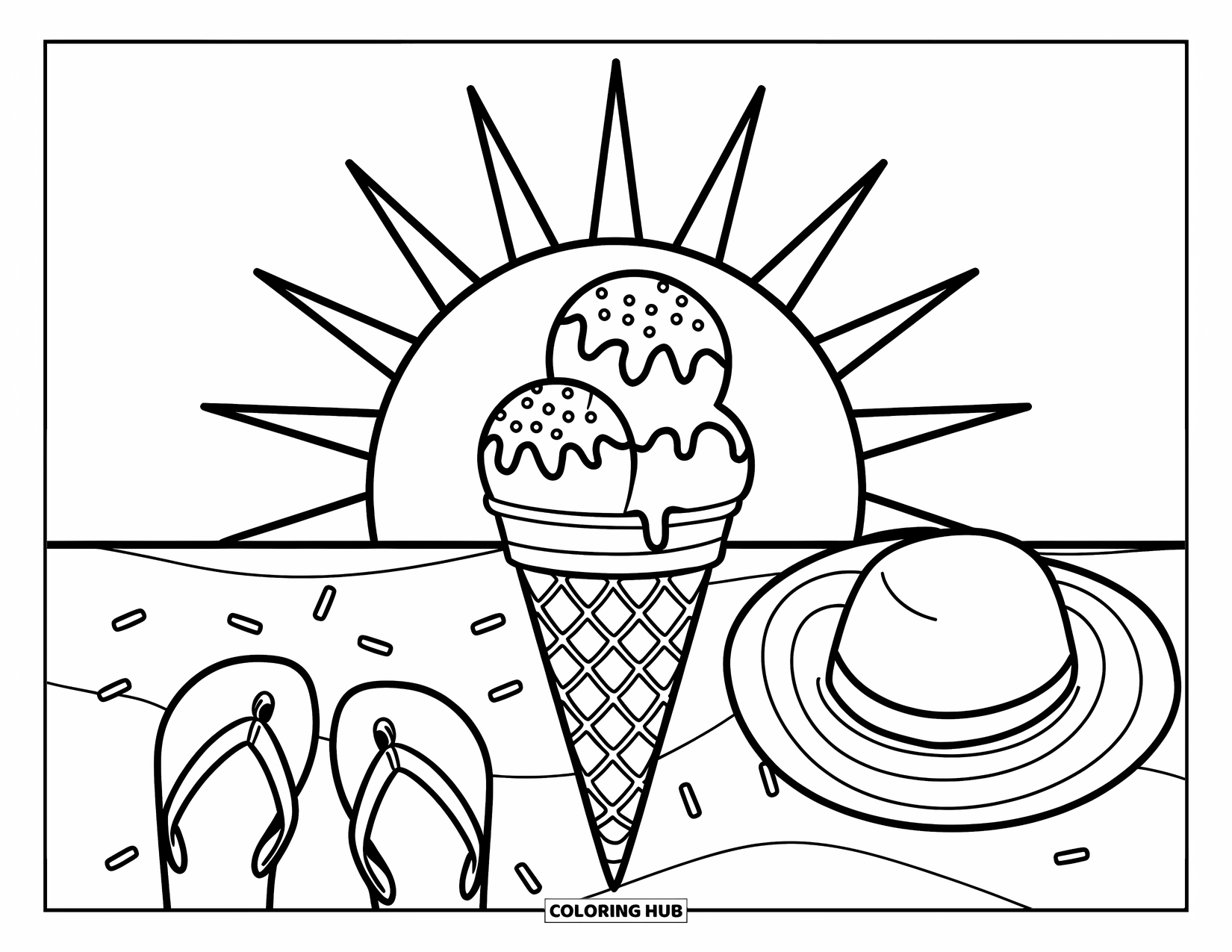 Ice Cream Cone Coloring Page for Kids: A dripping cone with sprinkles rests beside summer sandals and a bright sun