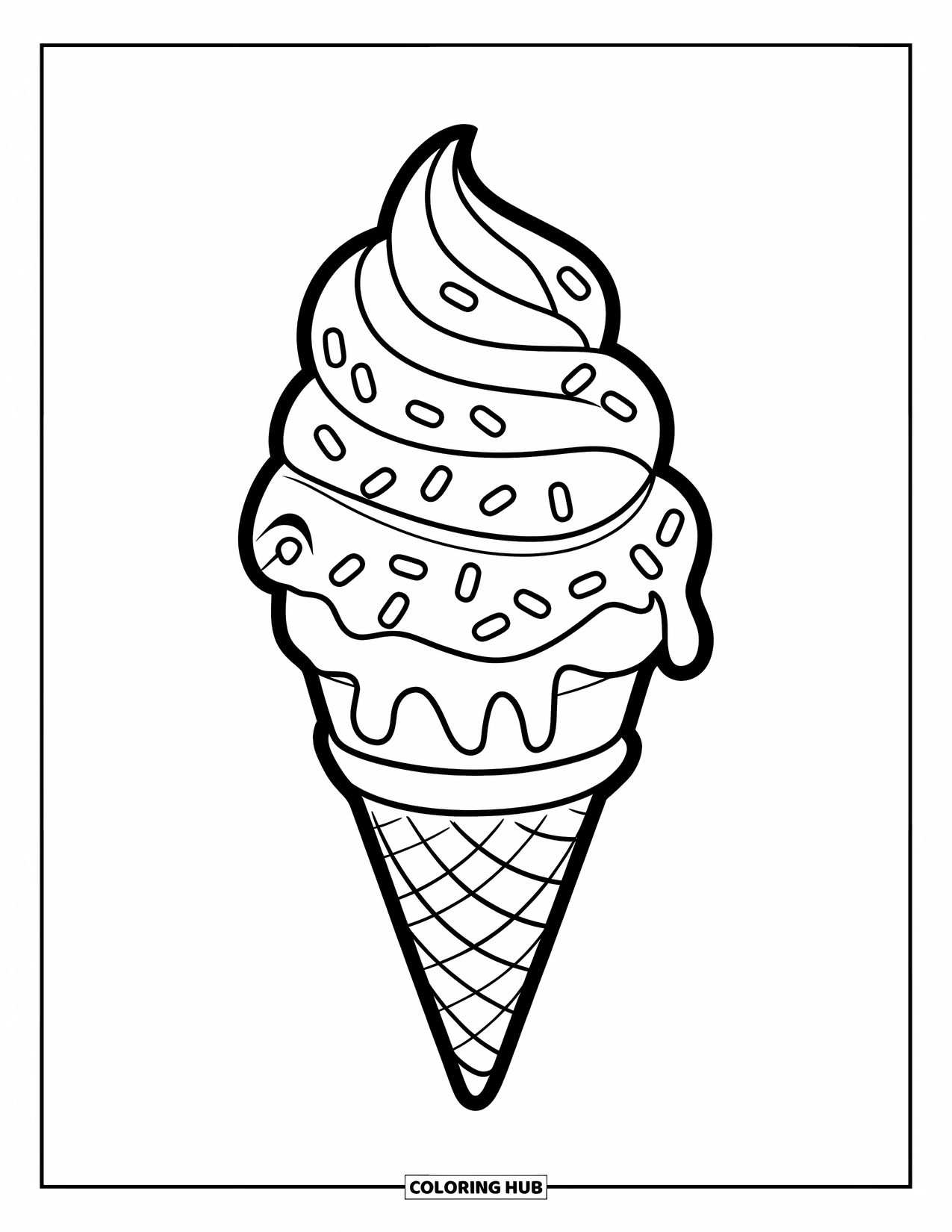 Ice Cream Cone Coloring Page for Kids: A melting cone with candy swirl and sprinkles rests on a base