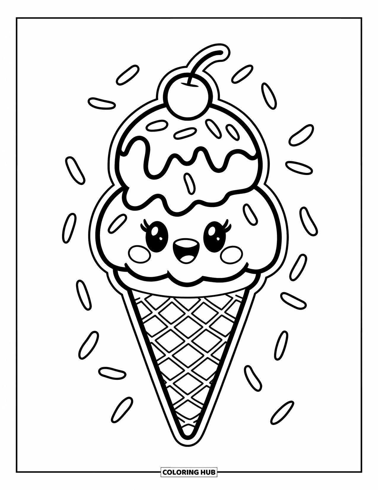 Ice Cream Cone Coloring Page for Kids: A playful two-scoop cone with falling sprinkles and a cherry sits upright
