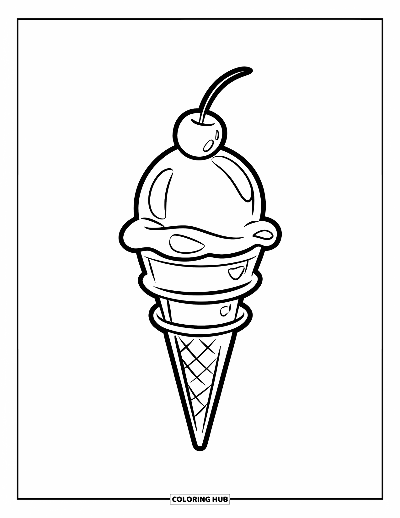 Ice Cream Cone Coloring Page for Kids: A single-scoop cone with a cherry stands tall