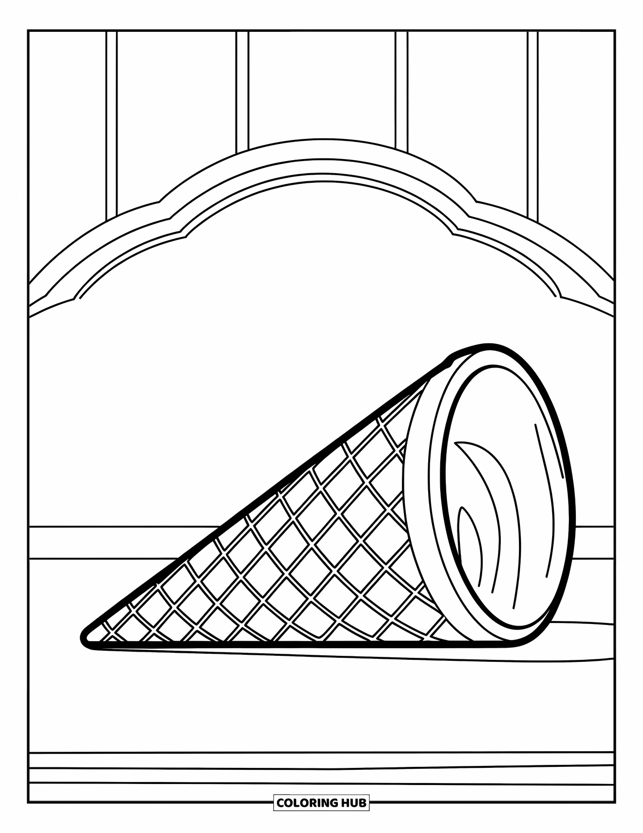 Ice Cream Cone Coloring Page for Kids: A single swirl scoop rests on a cone placed on a flat surface