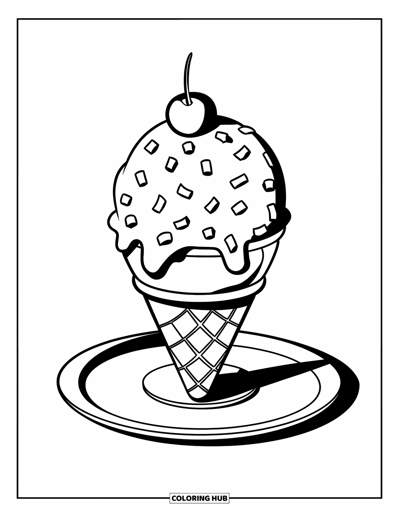 Ice Cream Cone Coloring Page for Kids: A small cone with candy pieces and a cherry sits on a plate