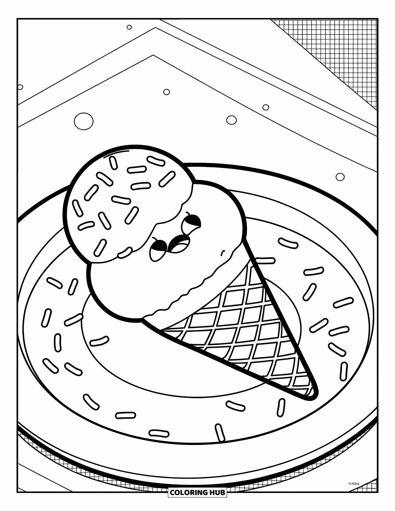 Ice Cream Cone Coloring Page for Kids: A small cone with sprinkles sits on a plate surrounded by scattered dots