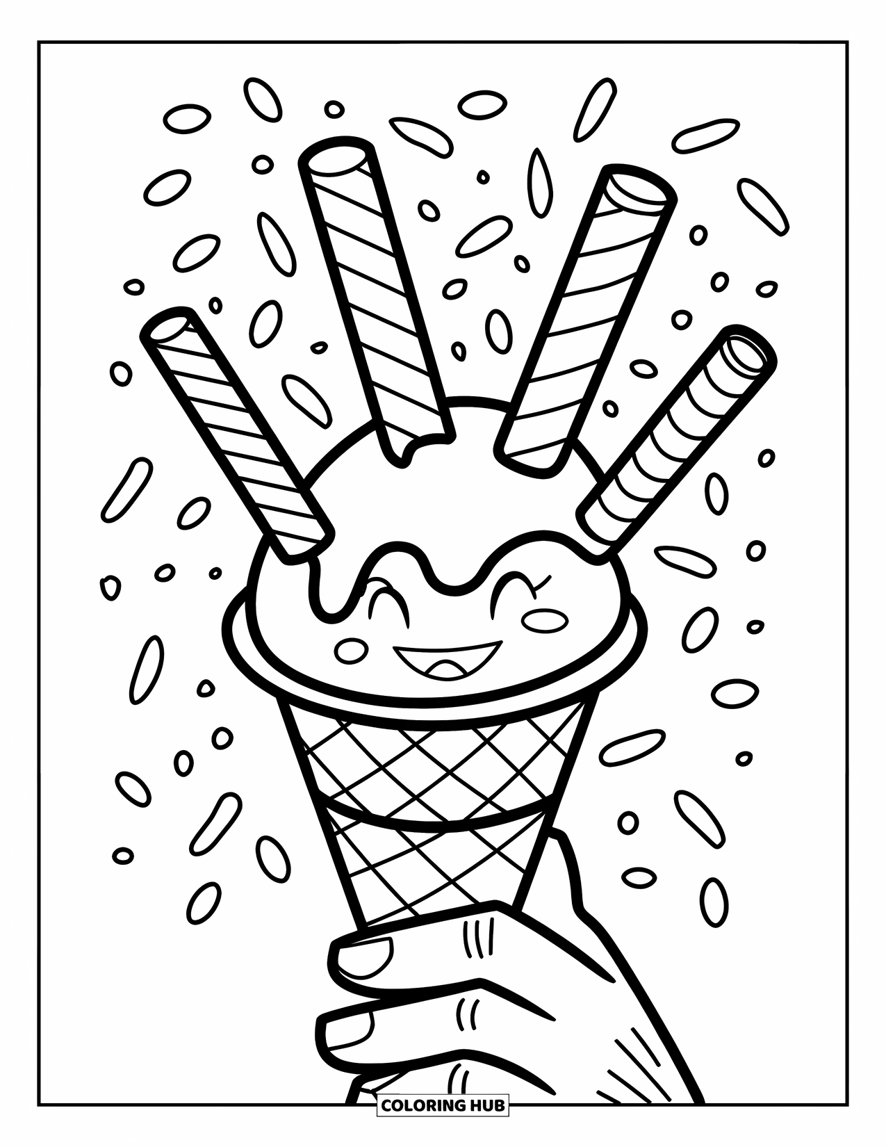 Ice Cream Cone Coloring Page for Kids: A smiling character holds a cone surrounded by candy sticks and sprinkles