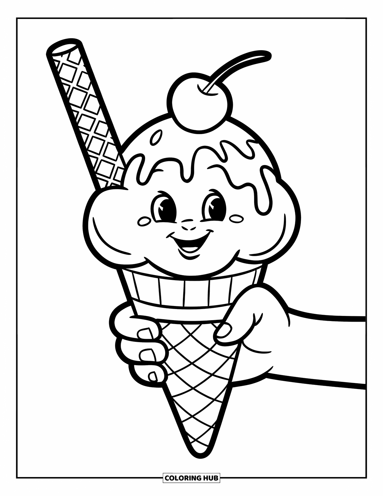 Ice Cream Cone Coloring Page for Kids: A smiling cone with a wafer stick and drizzle is held by a hand