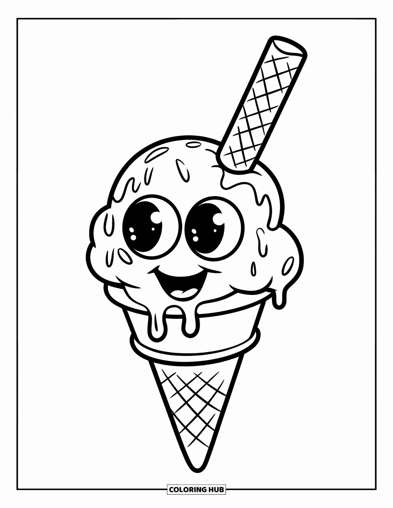 Ice Cream Cone Coloring Page for Kids: A smiling cone with large eyes has a wafer stick and drizzle on top