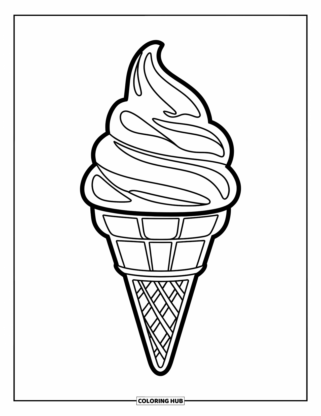 Ice Cream Cone Coloring Page for Kids: A soft serve cone with a swirl pattern stands upright