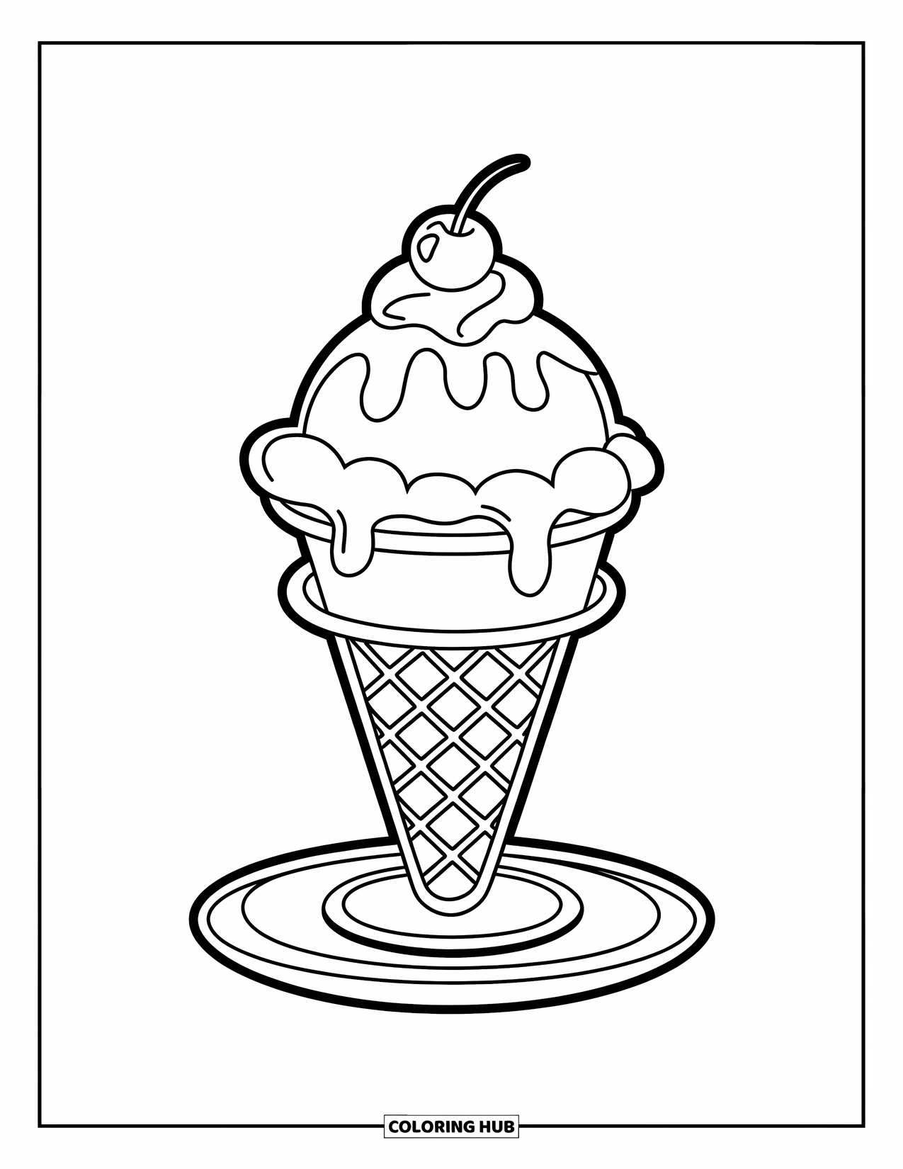 Ice Cream Cone Coloring Page for Kids: A sundae cone with ice cream, whipped cream, and a cherry rests on a plate