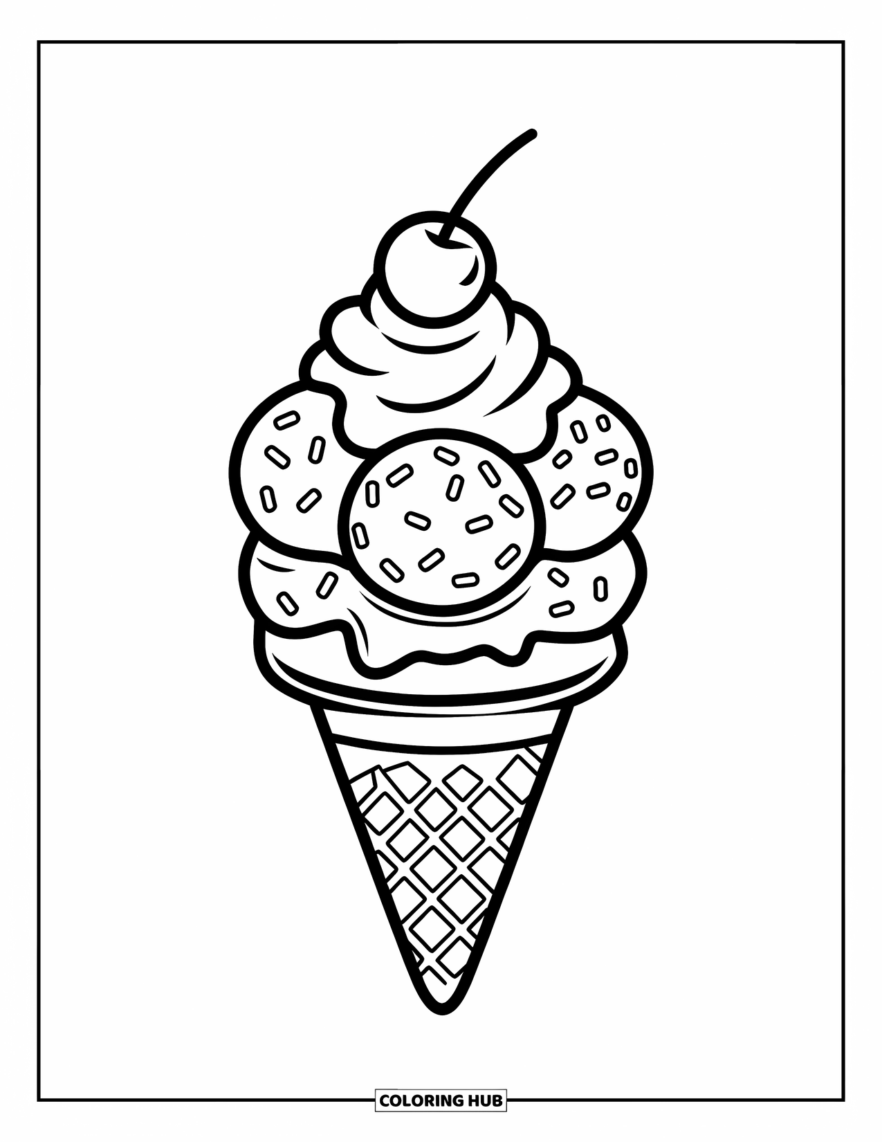 Ice Cream Cone Coloring Page for Kids: A sundae cone with scoops, whipped cream, sprinkles, and a cherry looks sweet