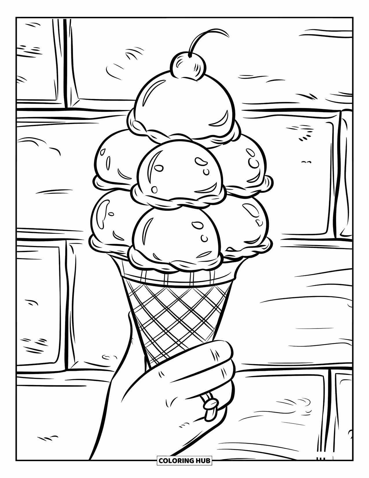 Ice Cream Cone Coloring Page for Kids: A tall cone with five scoops and whipped cream is held by a hand with a ring