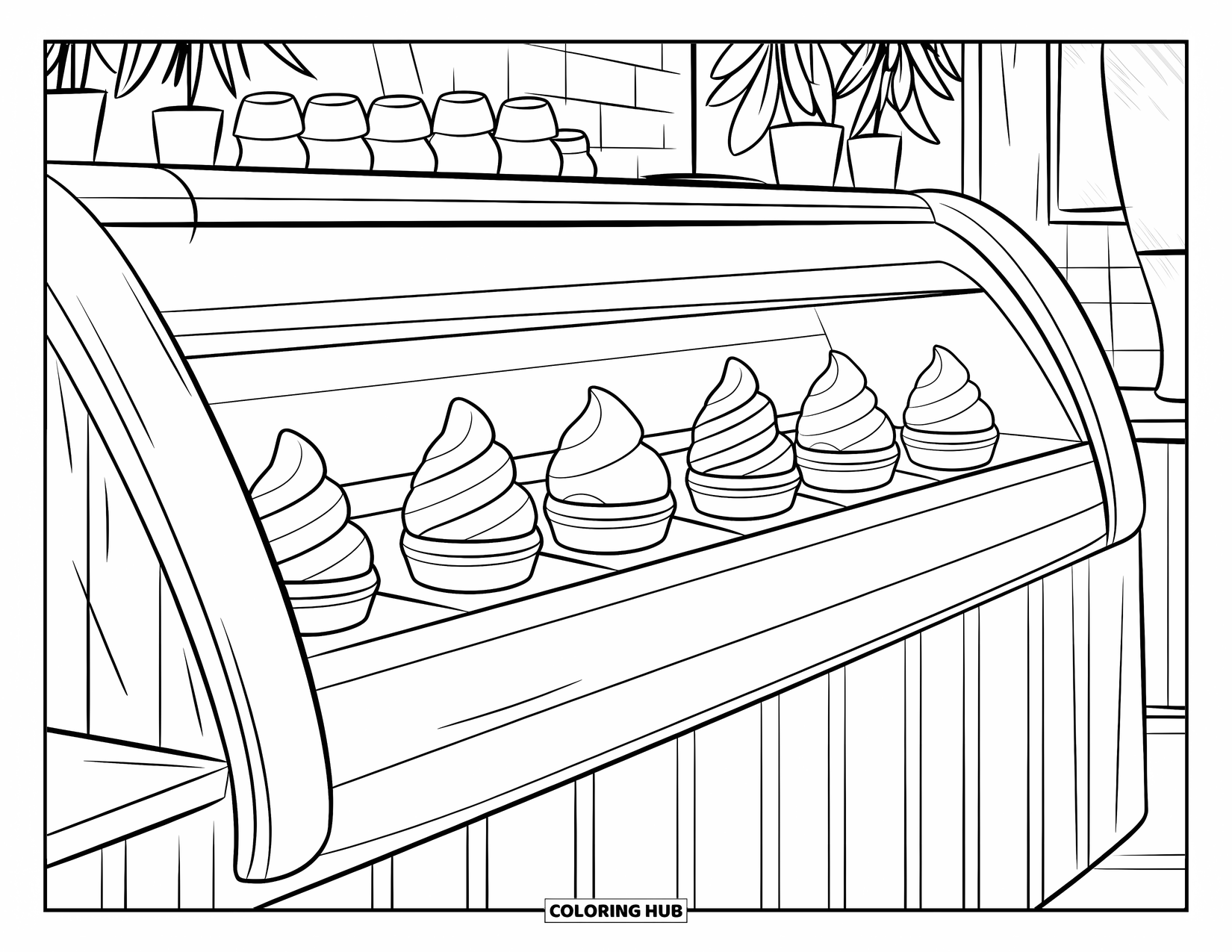 Ice Cream Cone Coloring Page for Kids: A wooden counter with cones and scoops sits beside potted plants