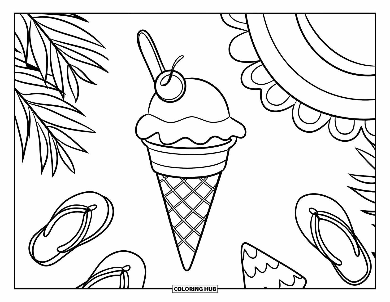 Ice Cream Cone Coloring Page for Kids: An ice cream cone with a scoop on a stick sits among summer gear