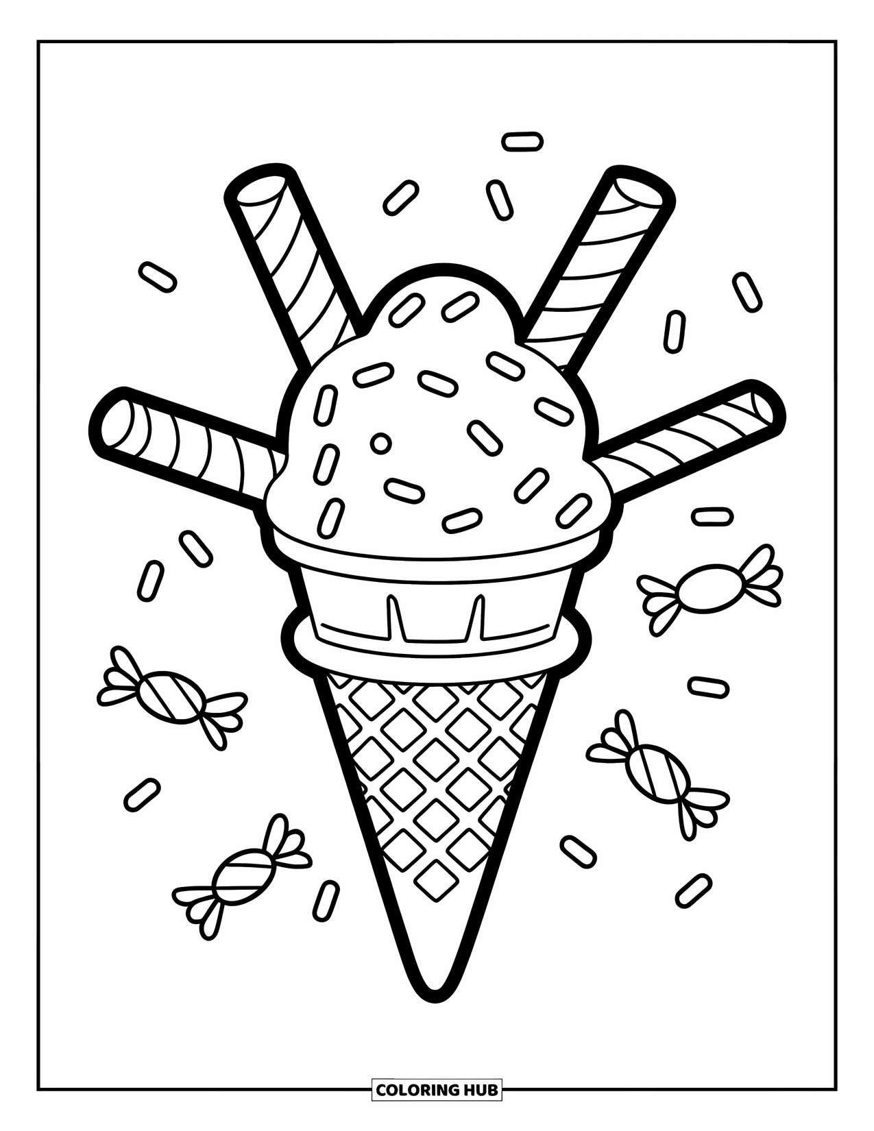 Ice Cream Cone Coloring Page for Kids: An ice cream cone with candy sticks and sprinkles floats playfully around it