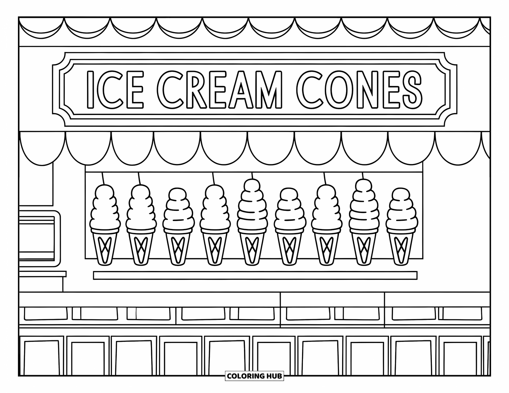Ice Cream Cone Coloring Page for Kids: An ice cream shop counter displays a row of cones under a sign
