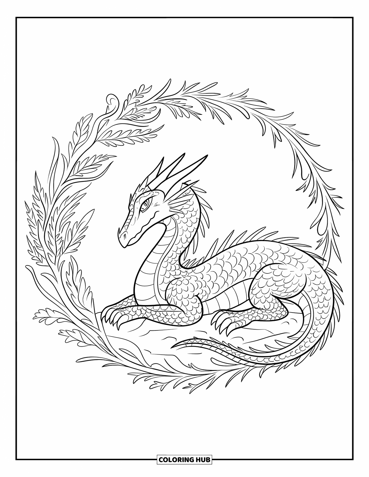 Ice Dragon Coloring Page for Adults: A detailed dragon rests on rocky ground, surrounded by frost vines and icy leaves