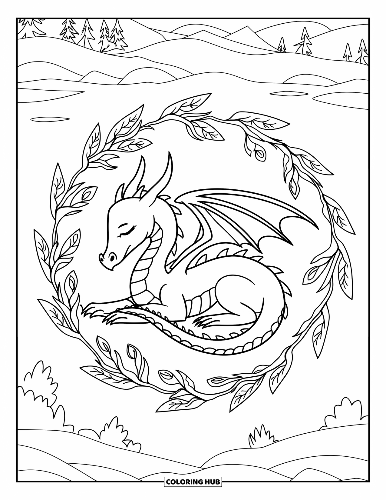Ice Dragon Coloring Page for Adults: A dragon naps peacefully inside a circle of swirling frost vines and icy leaves