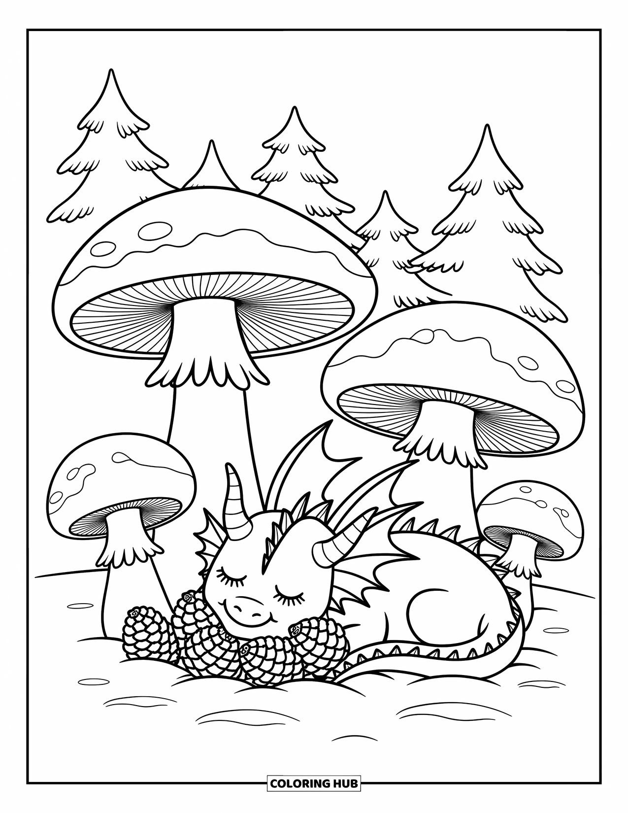 Ice Dragon Coloring Page for Adults: A gentle ice dragon relaxes beneath towering mushrooms, dusted softly with snow