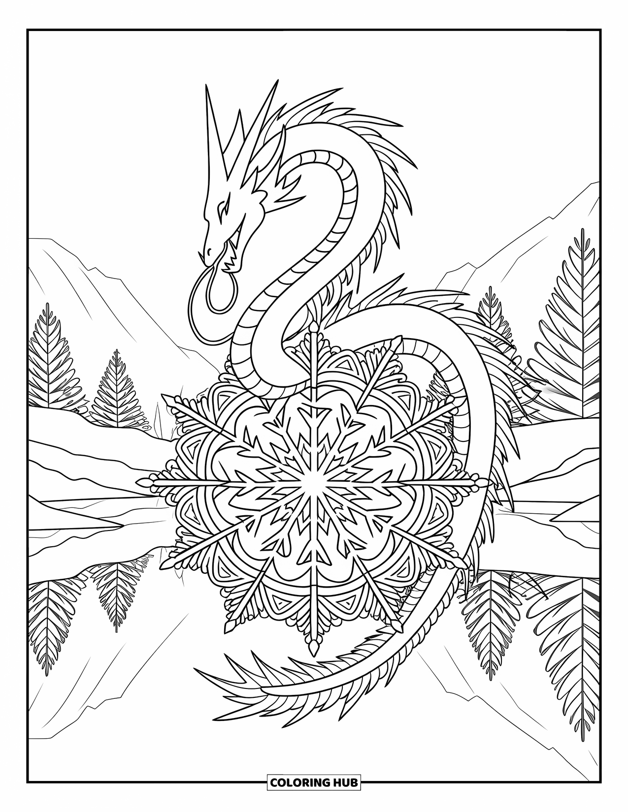 Ice Dragon Coloring Page for Adults: A graceful dragon curls around a snowflake mandala above a peaceful, snowy landscape