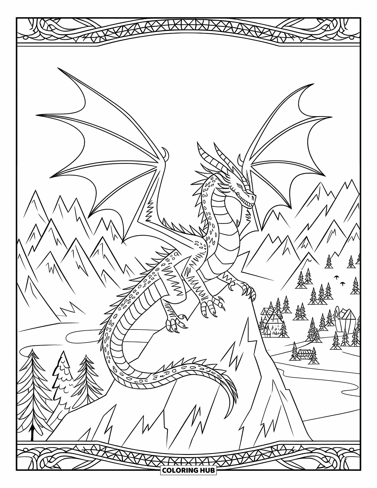 Ice Dragon Coloring Page for Adults: A majestic ice dragon stands tall on a snowy mountain with a village below