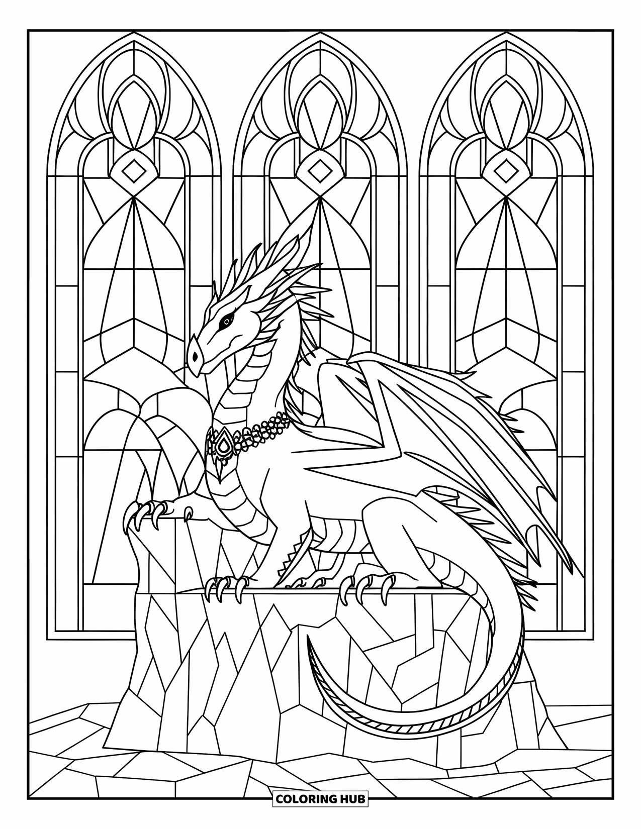 Ice Dragon Coloring Page for Adults: A regal ice dragon sits on a glacier throne beneath stained glass arches