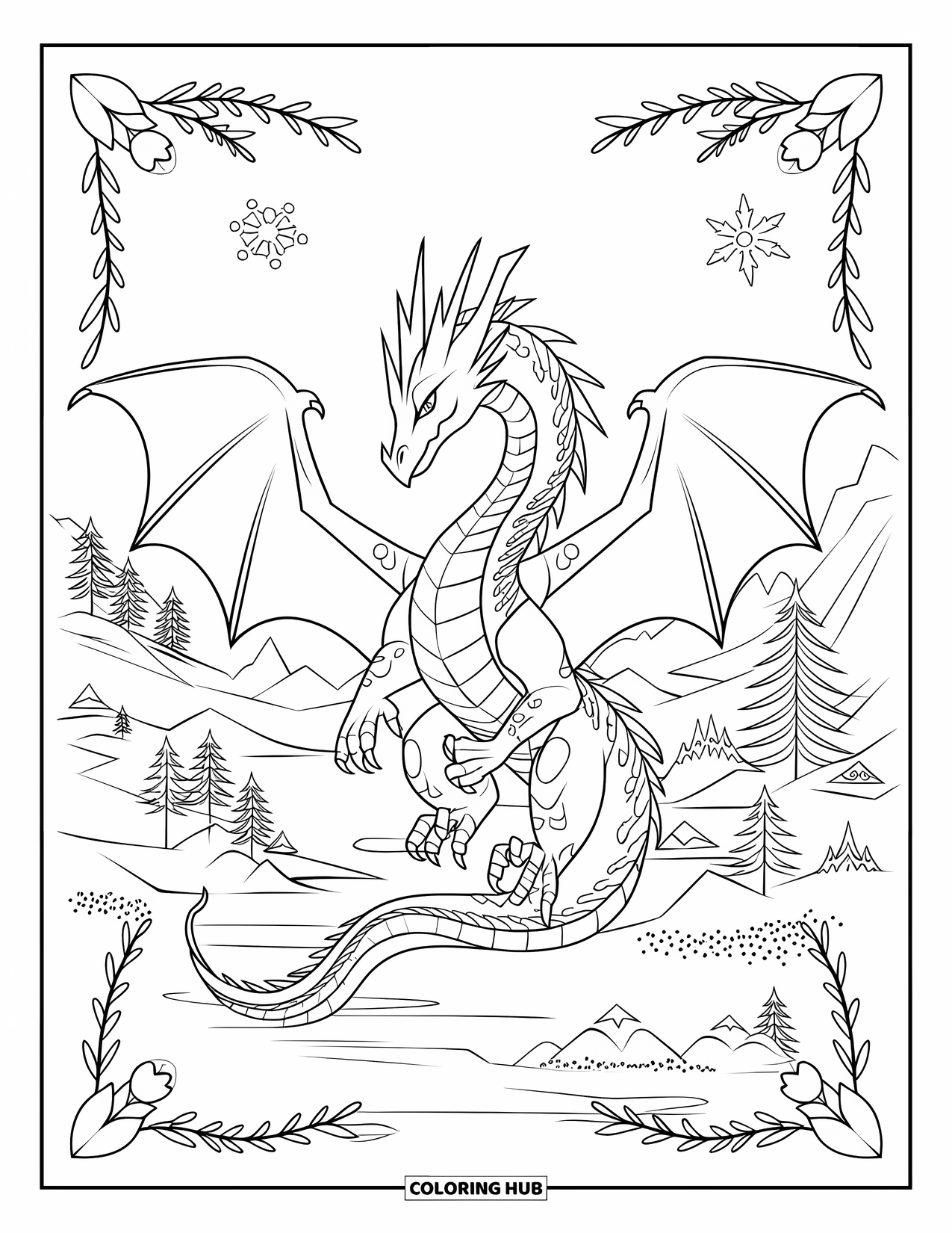Ice Dragon Coloring Page for Adults: An elegant ice dragon spreads its wings near mountains, trees, and a quiet lake