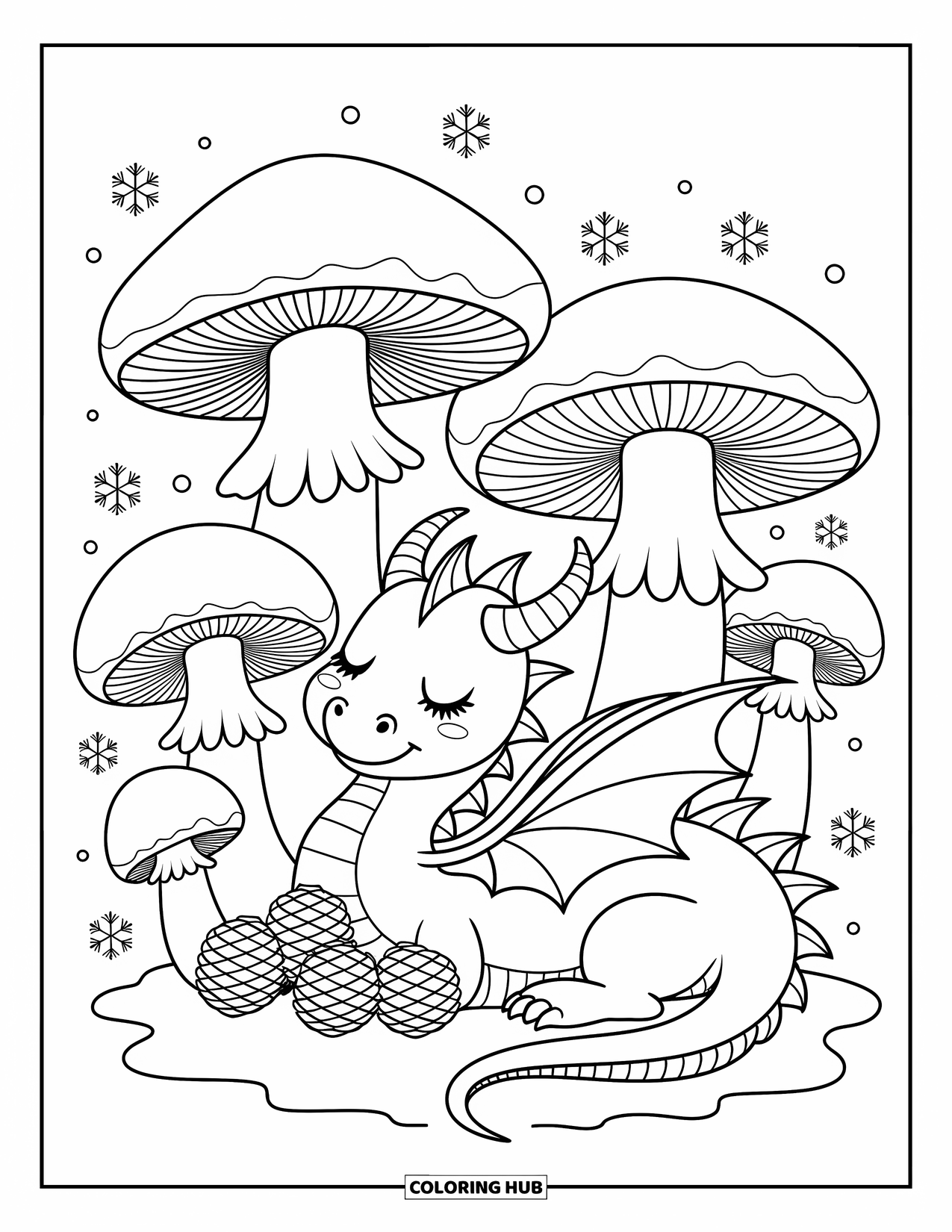 Ice Dragon Coloring Page for Adults: An ice dragon lies peacefully under giant mushrooms with pinecones nestled in its wings