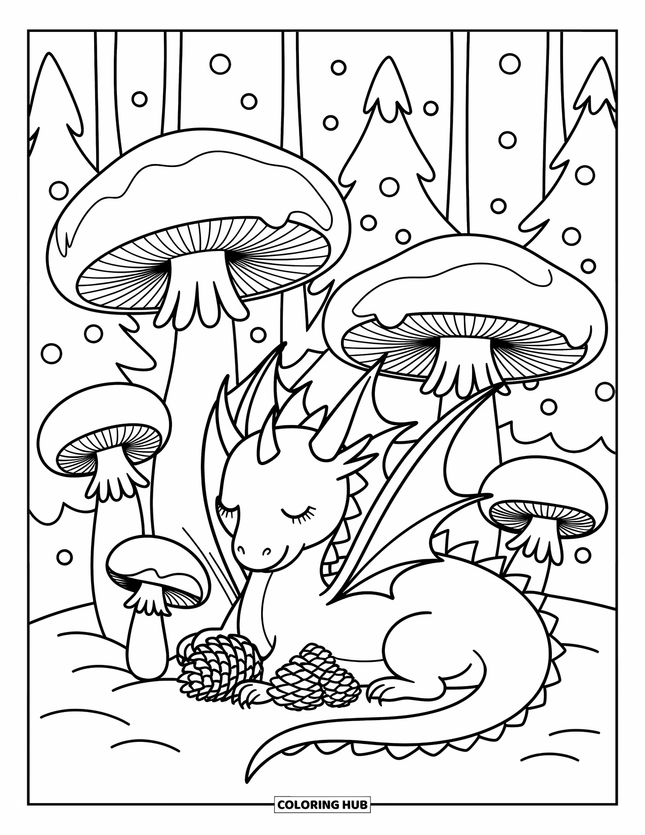 Ice Dragon Coloring Page for Adults: An ice dragon rests among giant snowy mushrooms while holding a bunch of pinecones