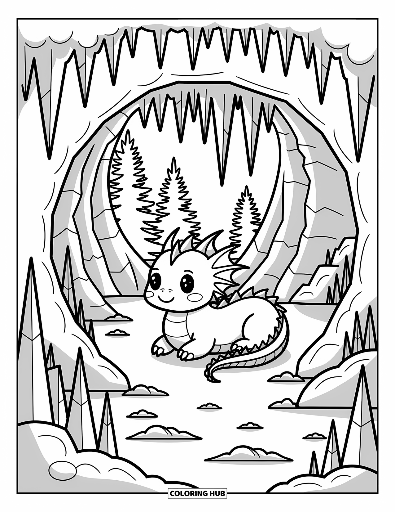 Ice Dragon Coloring Page for Adults: An ice dragon rests inside a cozy ice cave with icicles and snow crystals around