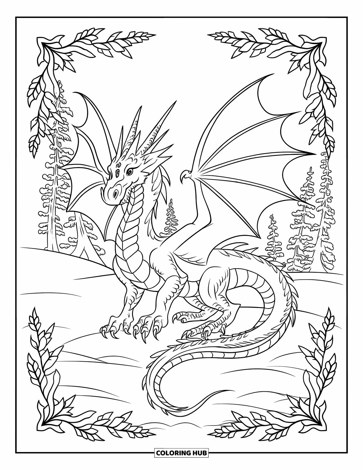 Ice Dragon Coloring Page for Adults: An ice dragon spreads its wings, framed by frosty plants and snowy trees