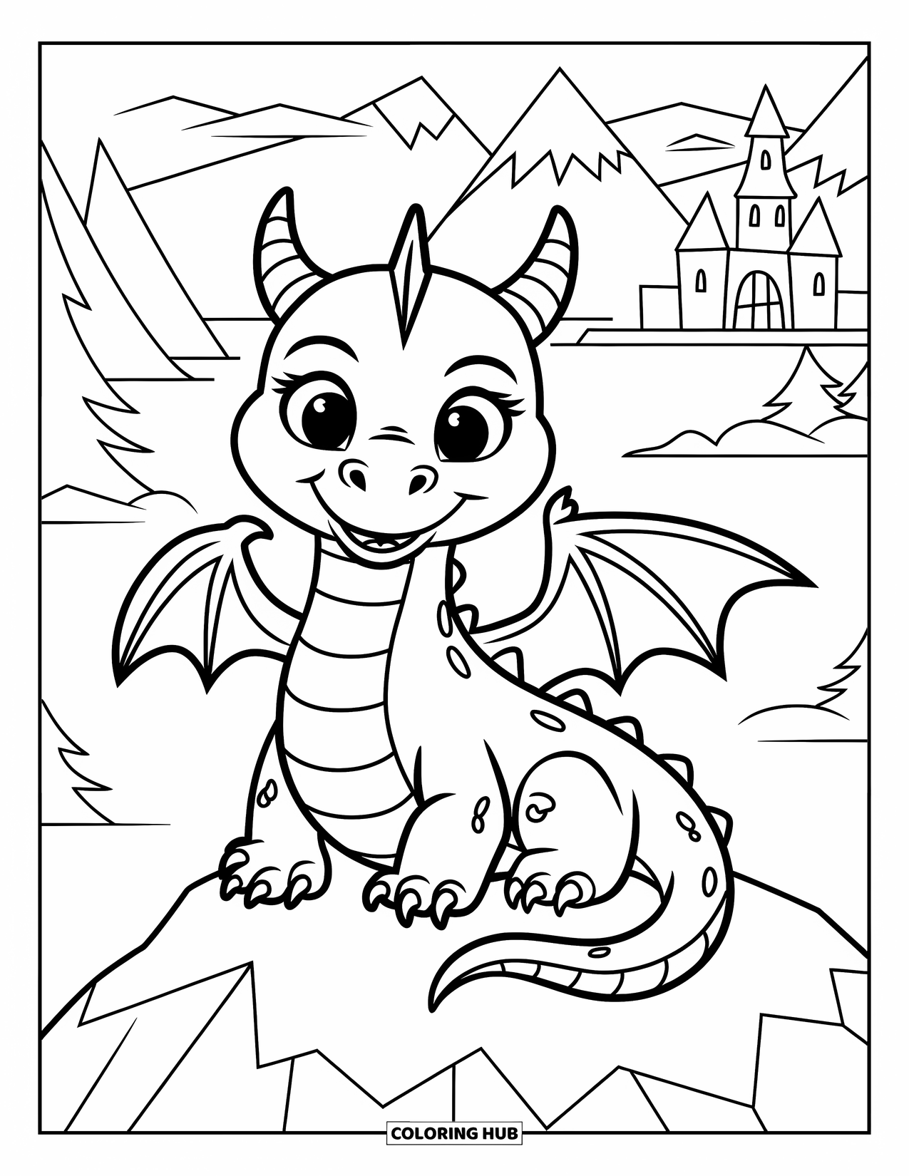 Ice Dragon Coloring Page for Kids: A chubby dragon with icicle wings sits happily on a snowy mountain