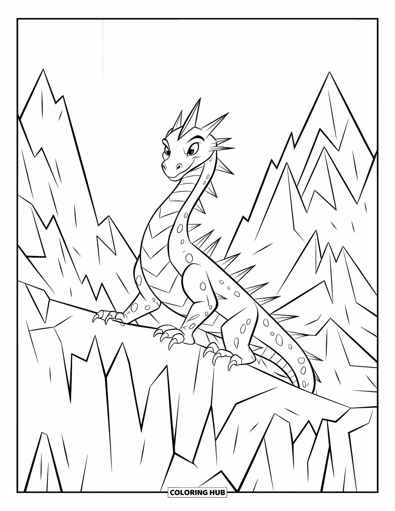 Ice Dragon Coloring Page for Kids: A dragon with long spikes watches ahead from its perch on icy cliffs