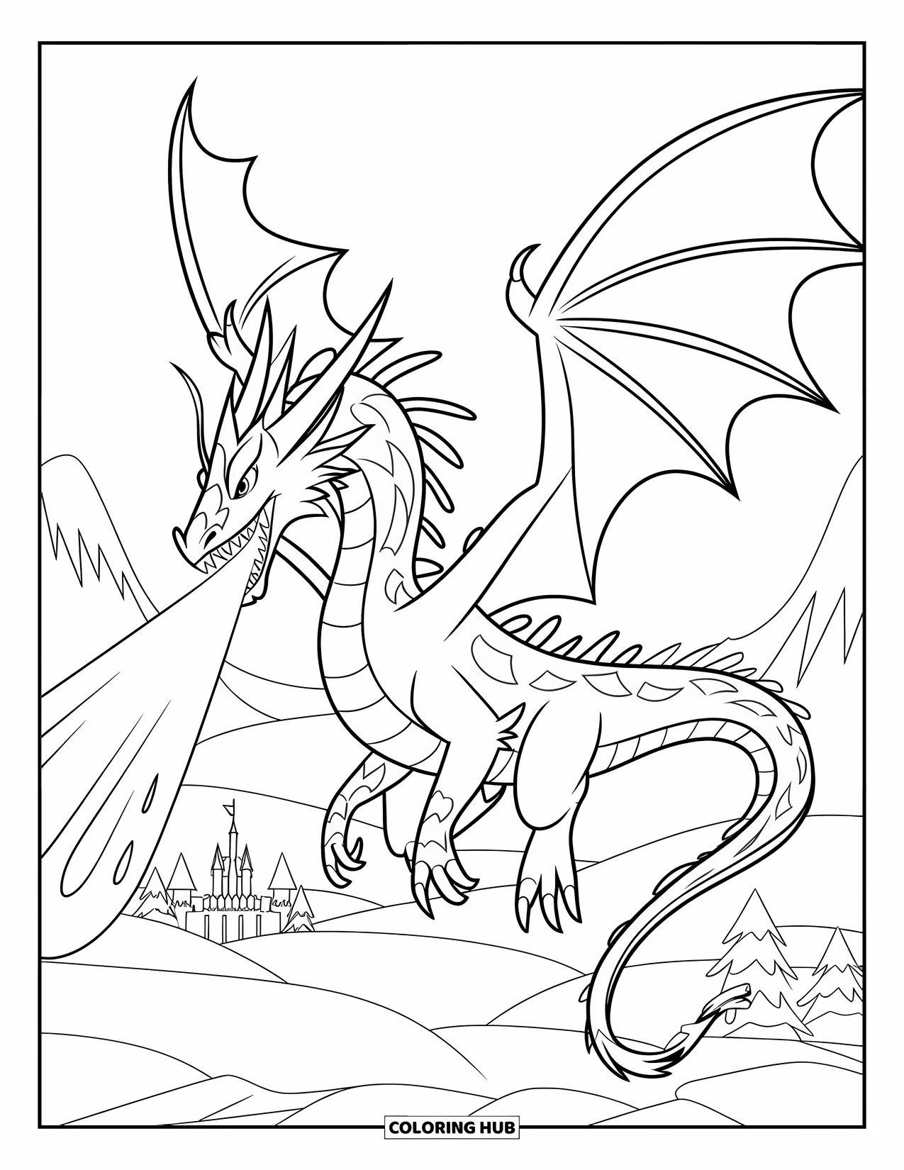 Ice Dragon Coloring Page for Kids: A fierce ice dragon breathes icy wind across a snowy mountain kingdom