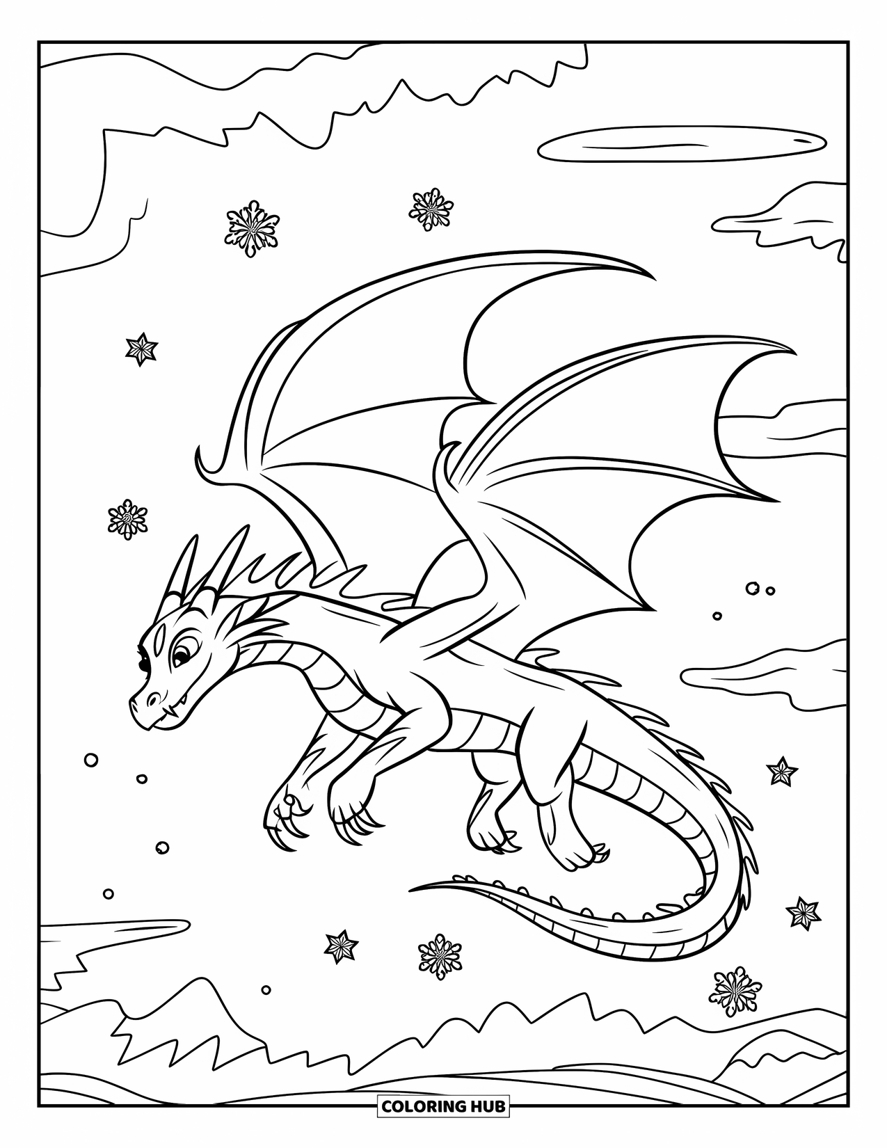 Ice Dragon Coloring Page for Kids: A four-legged dragon glides through swirling snow under a cloudy sky
