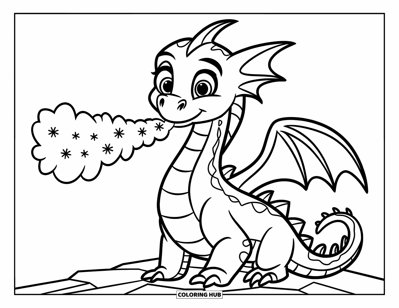 Ice Dragon Coloring Page for Kids: A friendly dragon sits blowing cool air and snowflakes into the air