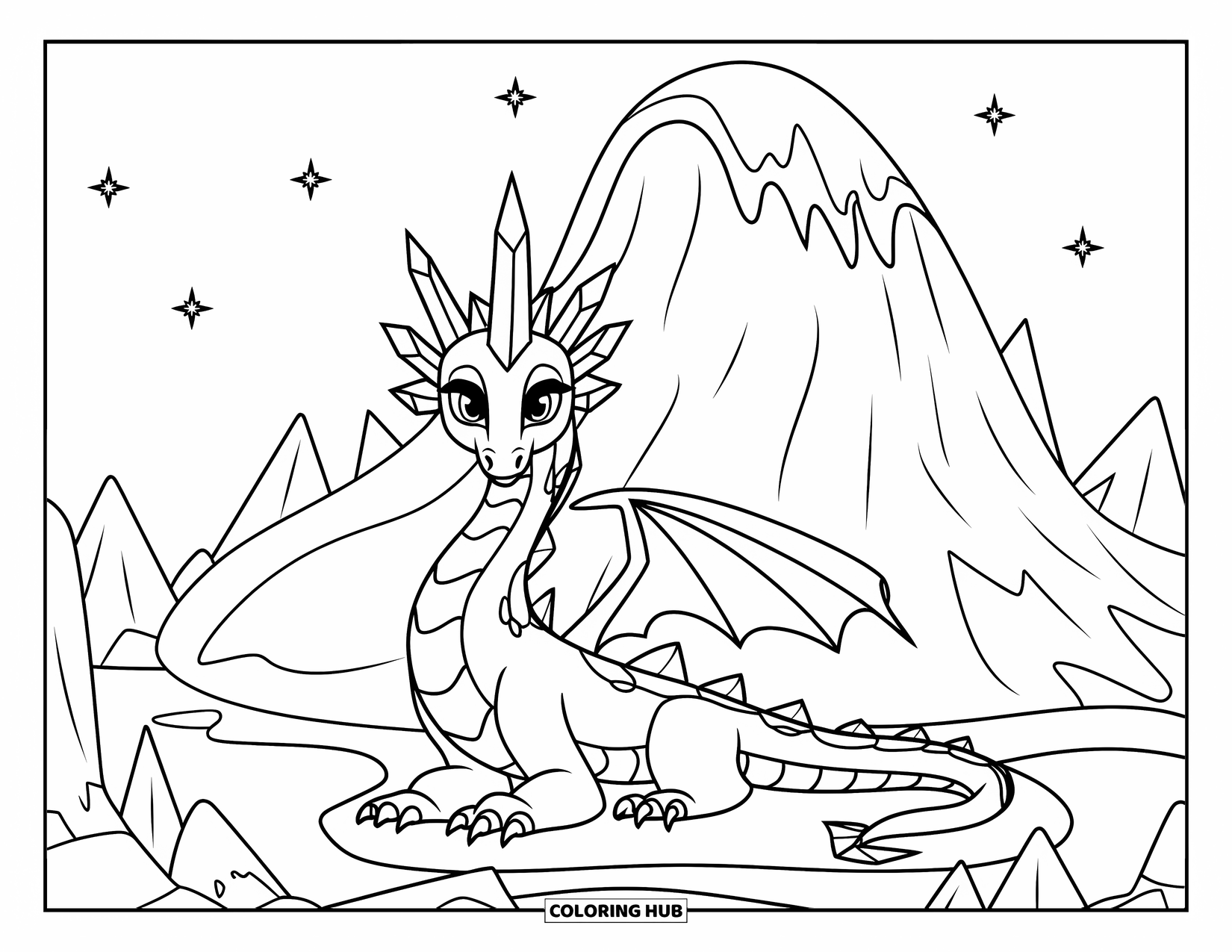 Ice Dragon Coloring Page for Kids: A long-tailed dragon with wings sits calmly by a rounded icy peak
