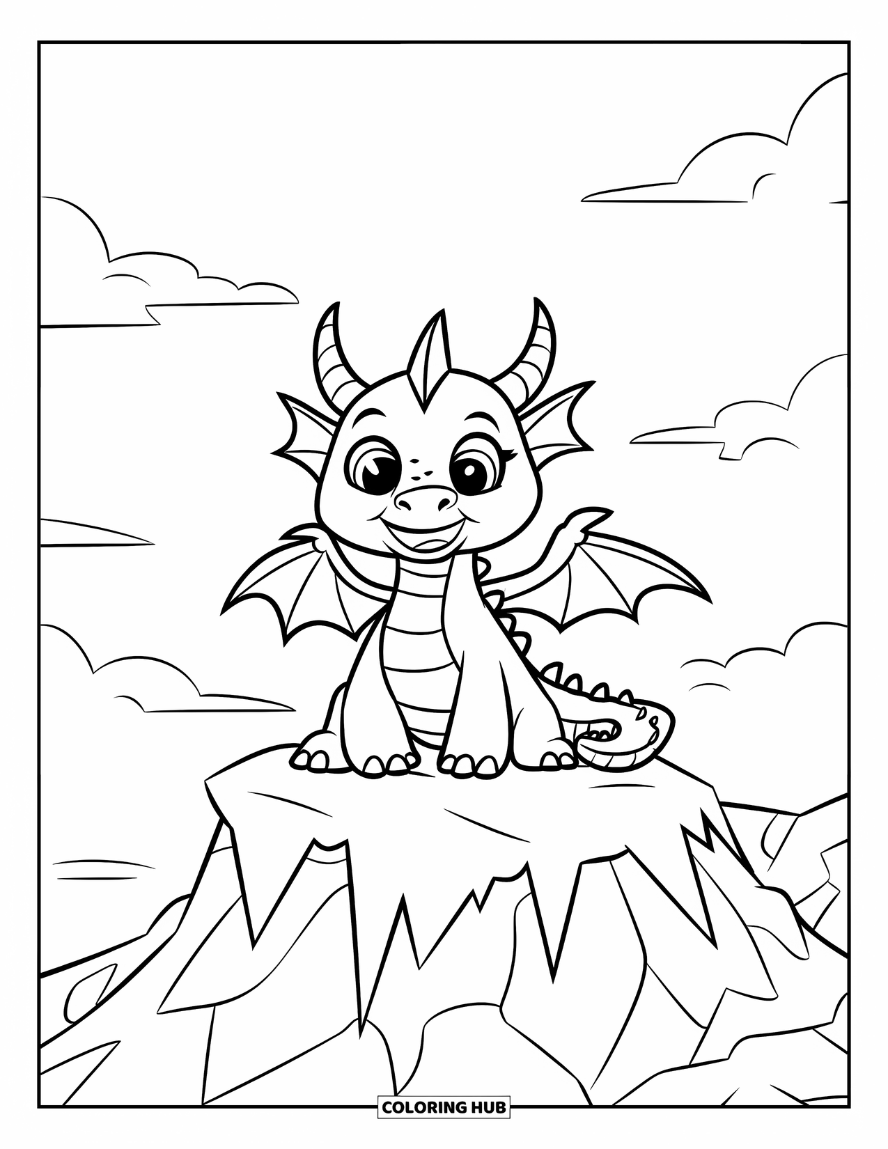 Ice Dragon Coloring Page for Kids: A playful dragon with icicle wings sits on a mountain under fluffy clouds