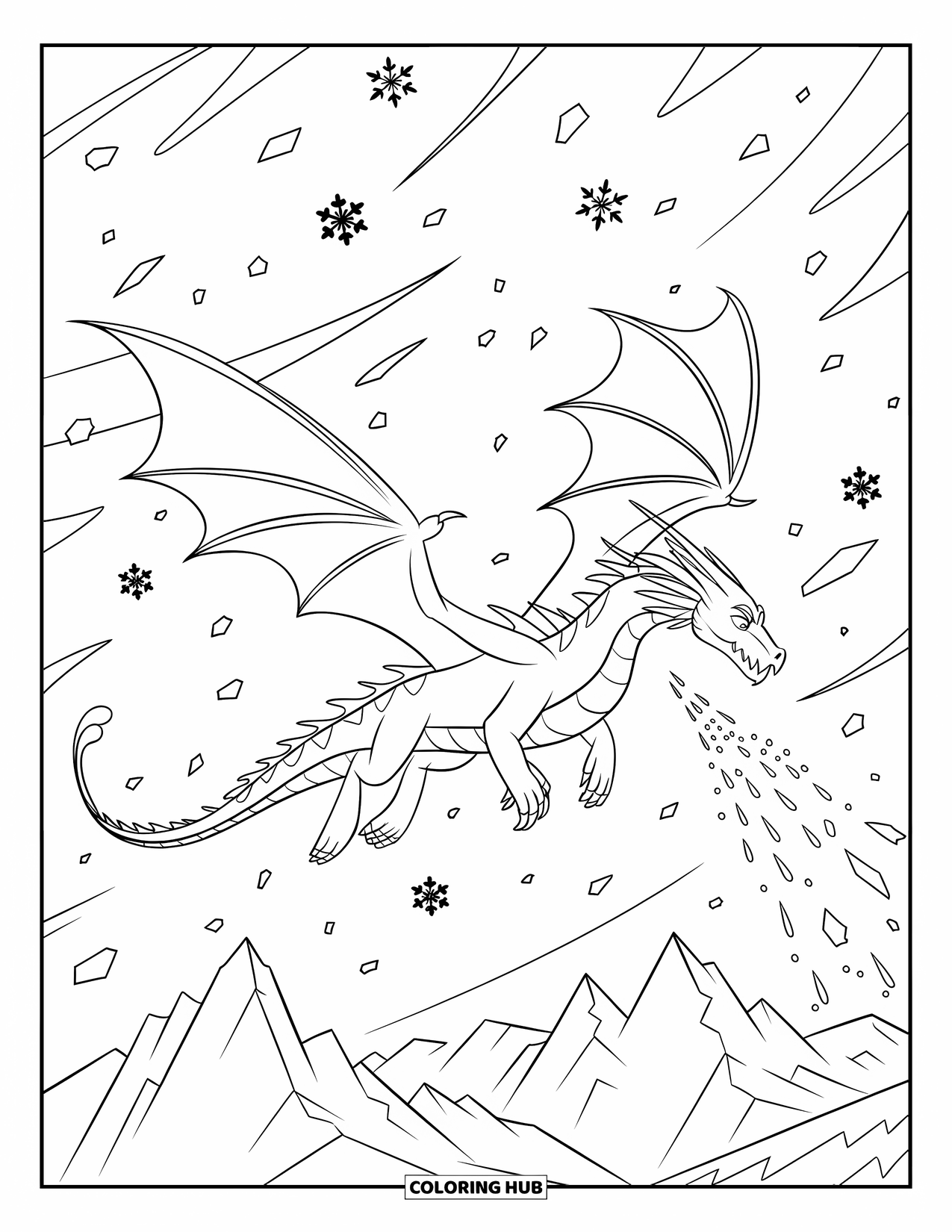 Ice Dragon Coloring Page for Kids: An ice dragon flies through swirling wind and falling snowflakes near the mountains