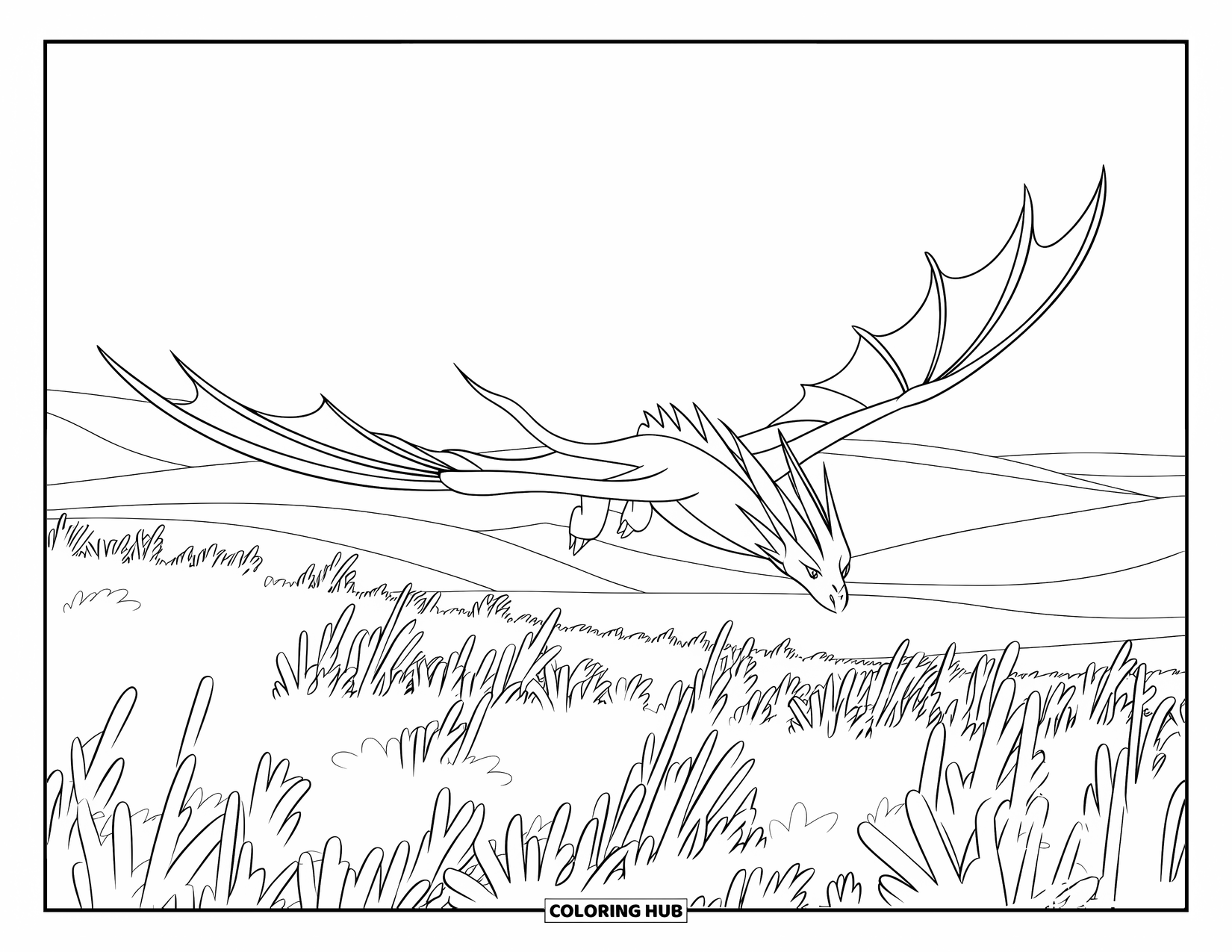 Ice Dragon Coloring Page for Kids: An ice dragon glides over frost-covered grass in a peaceful hilltop landscape