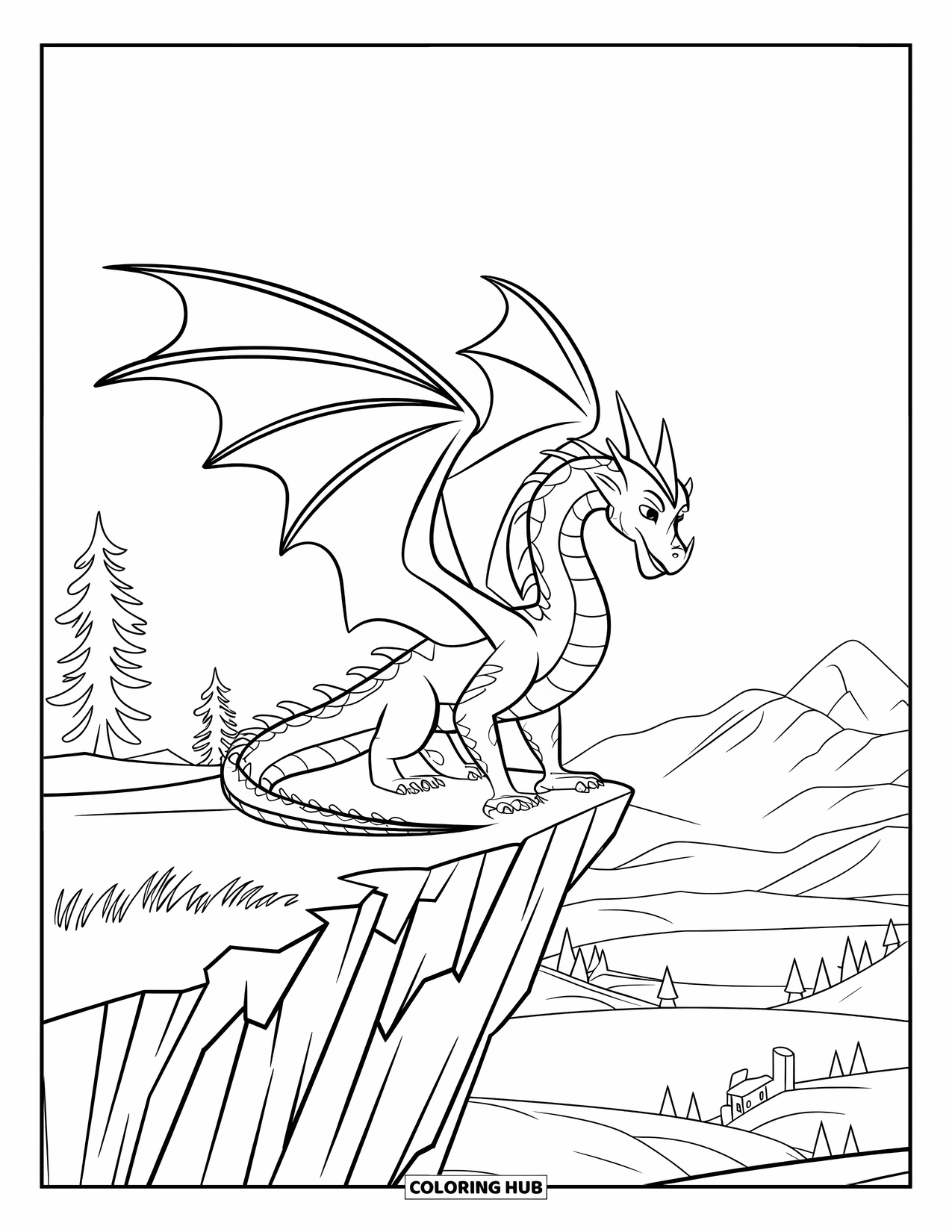 Ice Dragon Coloring Page for Kids: An ice dragon perches proudly on a cliff, watching over a frozen valley