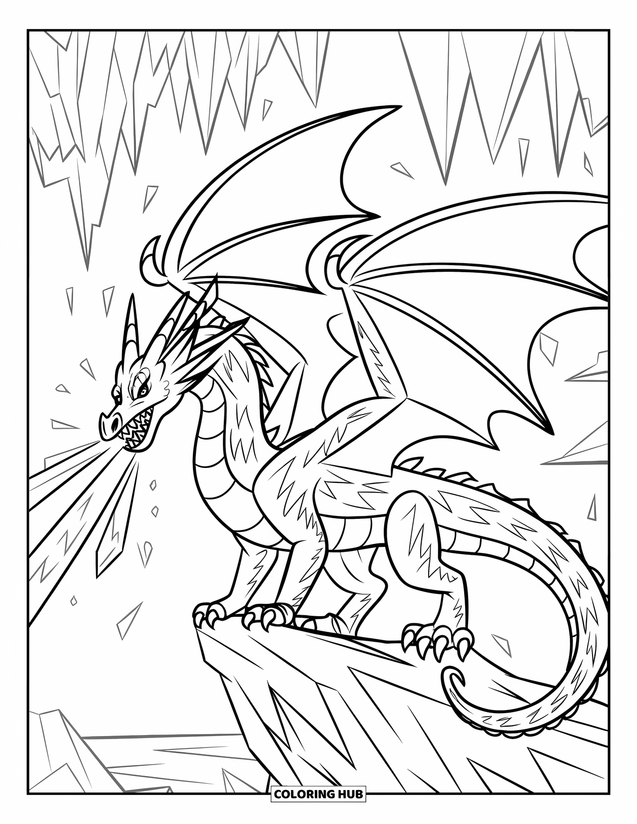 Ice Dragon Coloring Page for Kids: An ice dragon roars from a cliff, sending icy wind across frozen land