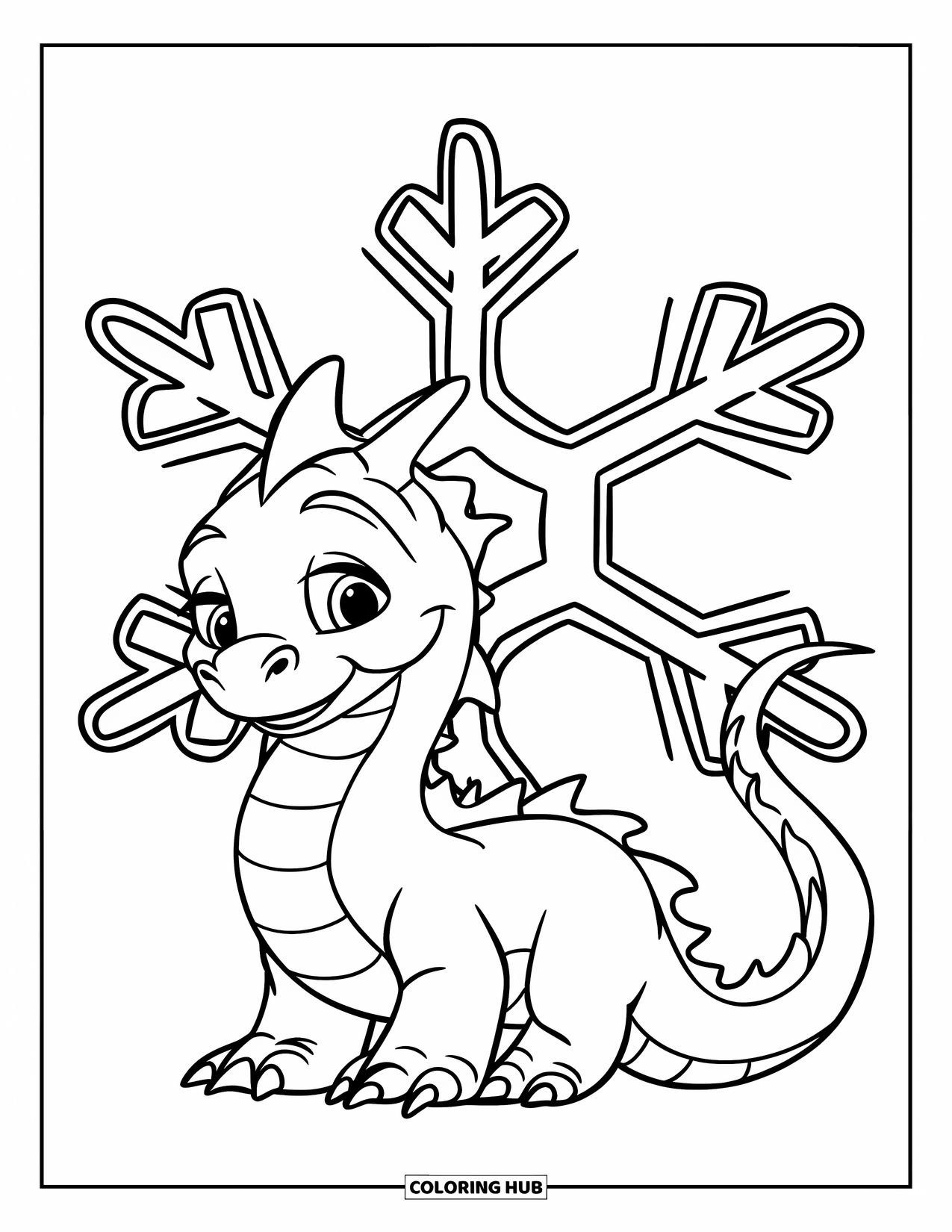 Ice Dragon Coloring Page for Kids: Cheerful and simple, a dragon smiles while standing beside a giant snowflake