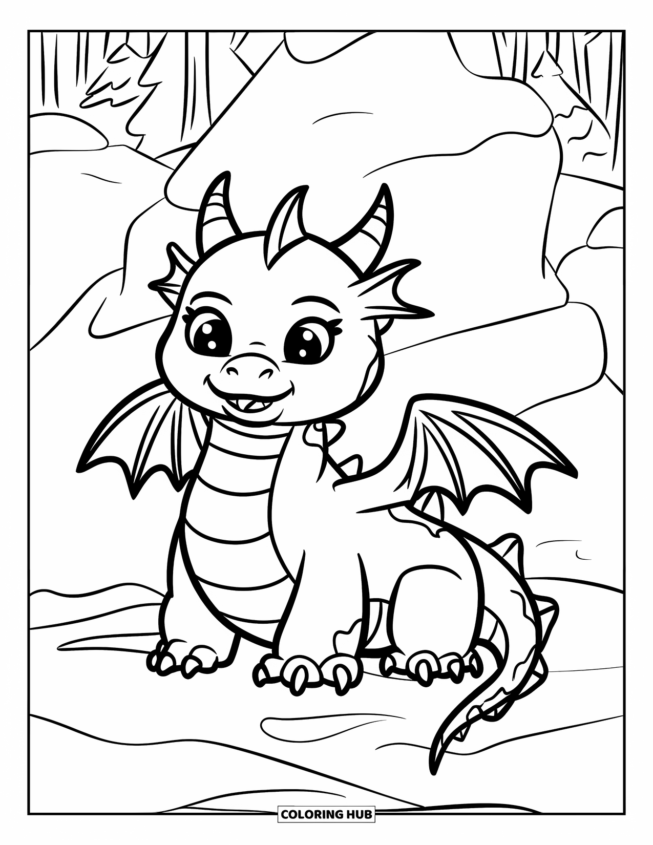 Ice Dragon Coloring Page for Kids: Smiling gently, the little dragon perches on snow surrounded by trees